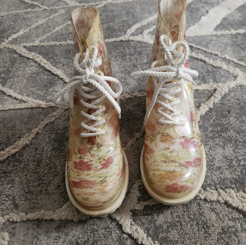 Dirty Laundry Floral Clear Rain Boots - Pink, Cream, Green